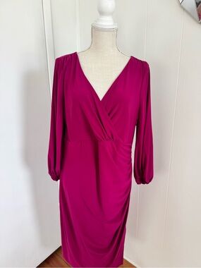 Anne Klein Magenta Wrap-Front Long Sleeve Dress